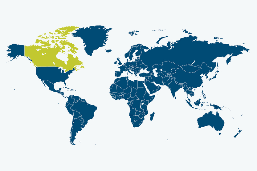 Weltkarte in blau, Kanada ist grün hervorgehoben