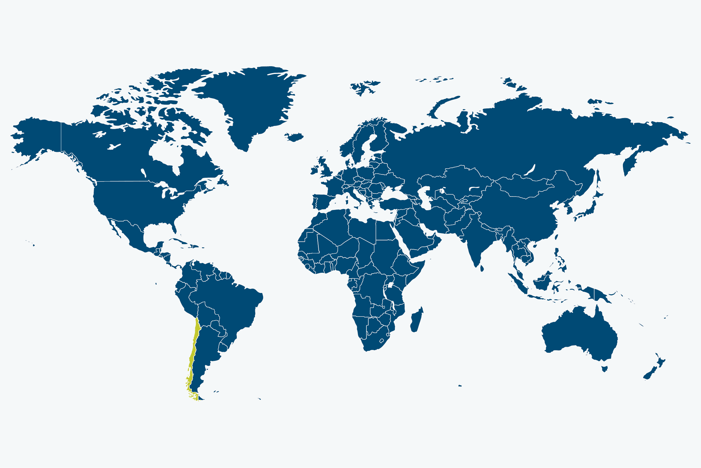 Weltkarte in blau, Chile ist farbig hervorgehoben