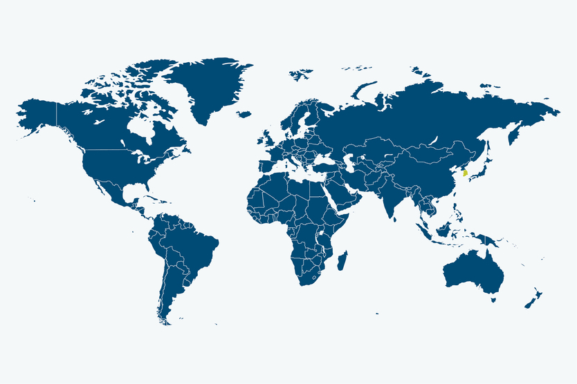Weltkarte in blau, Südkorea ist farbig hervorgehoben